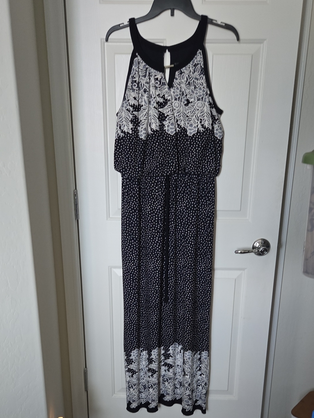 Enfocus Studio Black and White Floral Panel Halter Maxi Dress